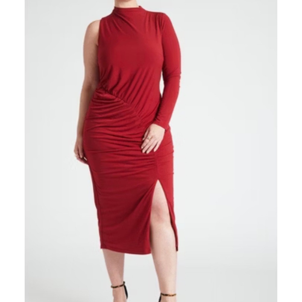 NWT ELOQUII Asymmetrical One Shoulder Ruched Midi Dress Red Slit Plus Size 24